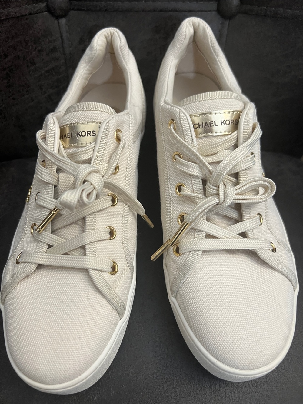 Michael Kors Cream Canvas Low-Top Sneakers with Gold Hardware